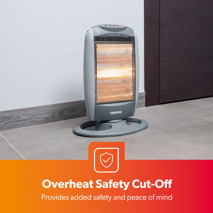 1200W Grey Oscillating Portable 3-Bar Halogen Heater