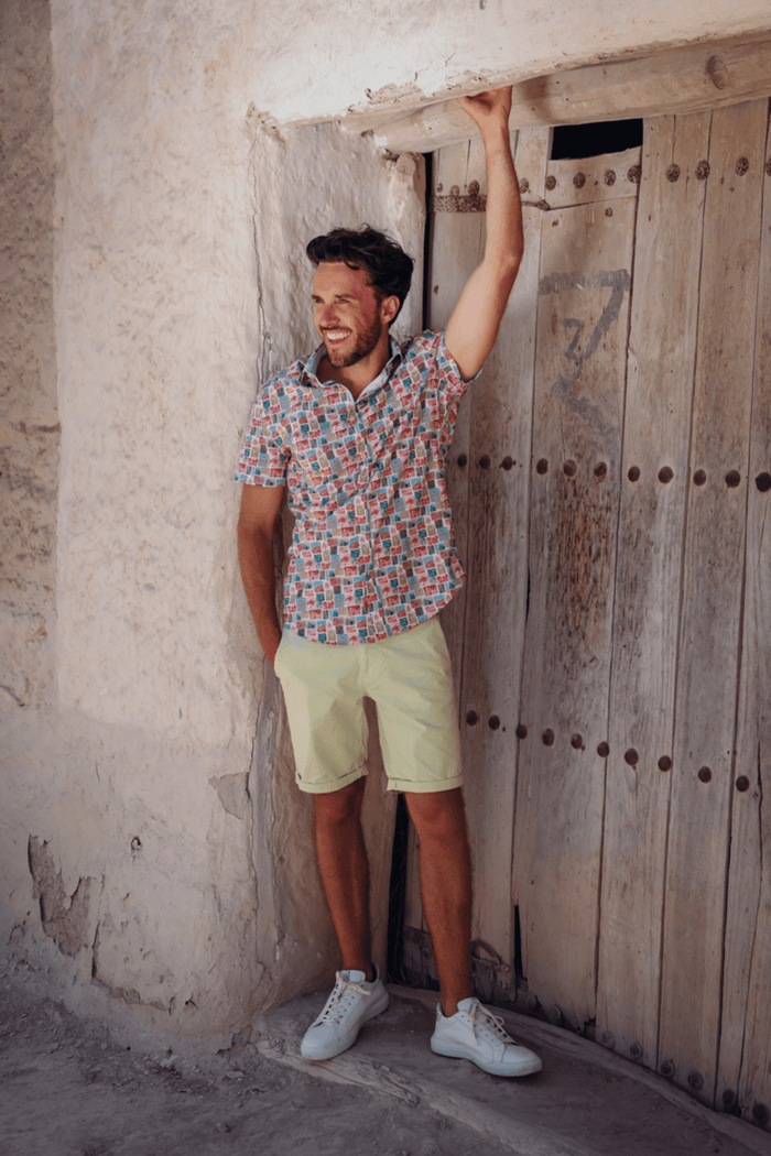 A Fish Named Fred 31.068 Short Sleeve Men's Shirt Rose Pink Stamps - Dotique
