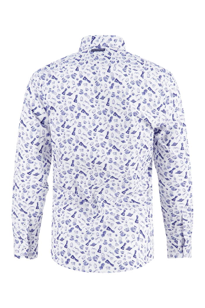 White men's shirt with blue Chess pattern on a white background. Shop now at Dotique