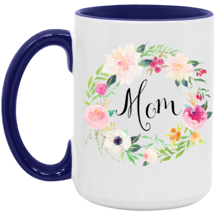 Floral Wreath Mom ceramic coffee mug in White/Midnight Blue