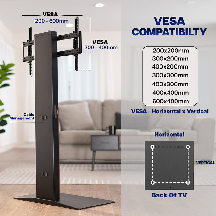 TV Floor Stand with VESA compatibility diagram in a living room setting