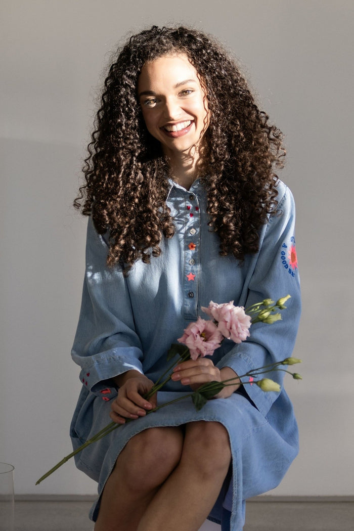 Grace 434/3340 - 737 Blue Denim Collared 3/4 Sleeve Summer Dress - Dotique - Grace