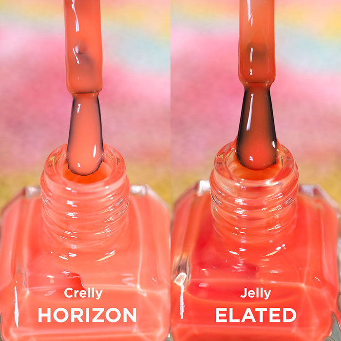 Two open bottles of nail polish with brushes showing. Comparing oranges of Horizon and Elated Nail Lacquers.