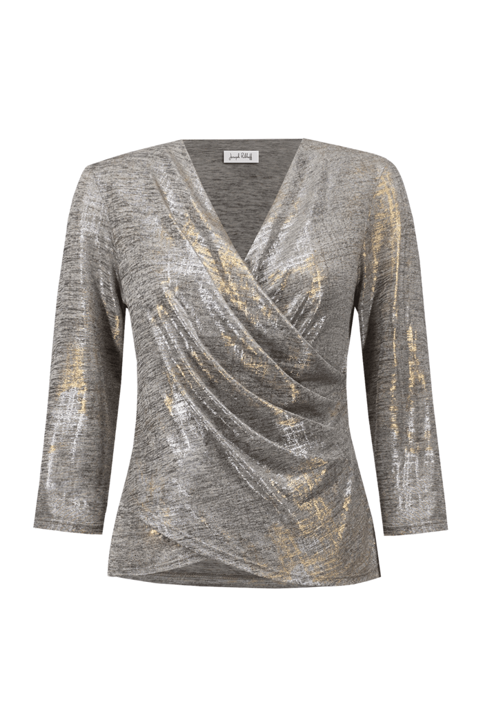Joseph Ribkoff foiled melange knit wrap top with eyelet detail – Dotique