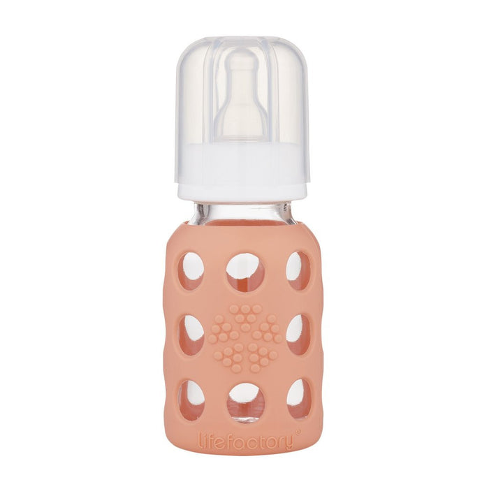 lifefactory 4 oz cantaloupe glass baby bottle made of borosilicate glass & a medical grade silicon sleeve. bpa & bps free