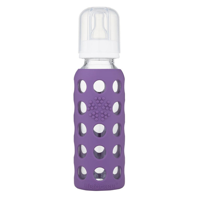 lifefactory 9 oz grape glass baby bottle made of borosilicate glass & a medical grade silicon sleeve. bpa & bps free