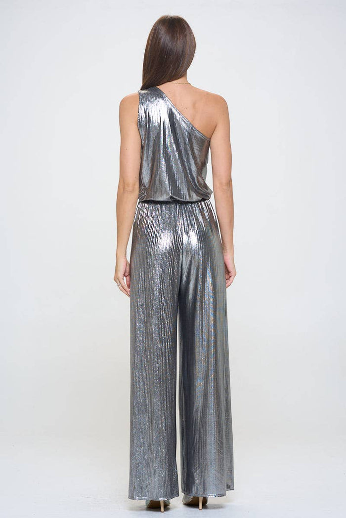 Made in USA Metallic One Shoulder Wide Leg Jumpsuit