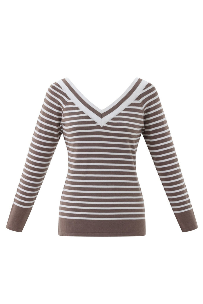 Marble 7800 122 Stripe V-Neck Jumper Brown White - Dotique