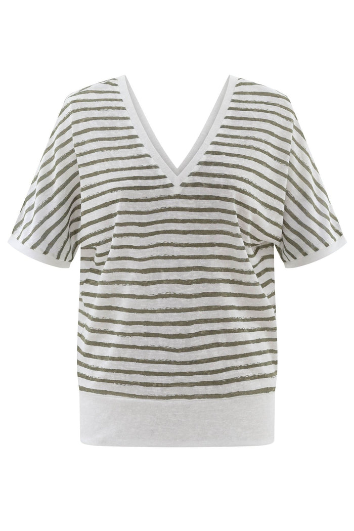 Marble 7841 123 Khaki Green Stripe V - Neck Short Sleeve Top - Dotique - Marble