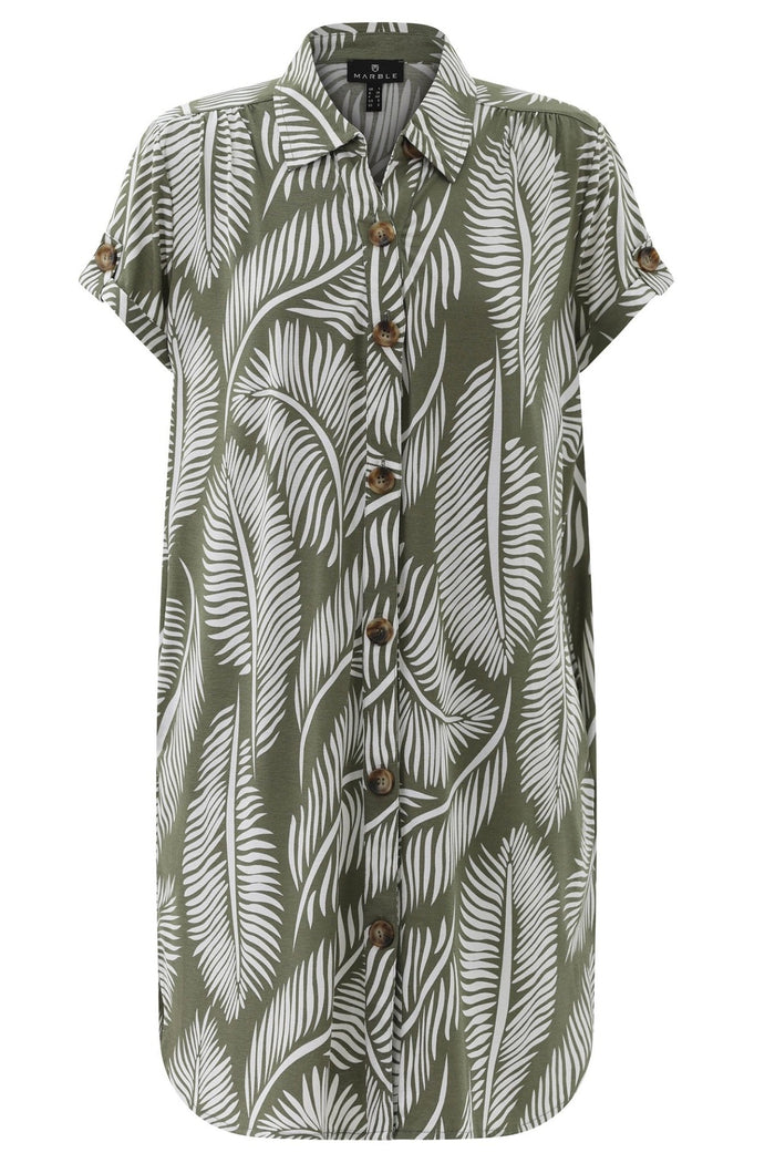 Marble 7921 123 Khaki Green Leaf Print Shirt Dress - Dotique - Marble