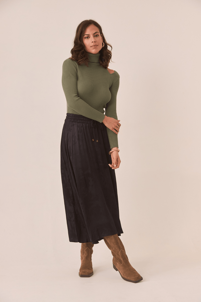 Dotique black NKN Nekane long rayon jacquard skirt with subtle frill hem