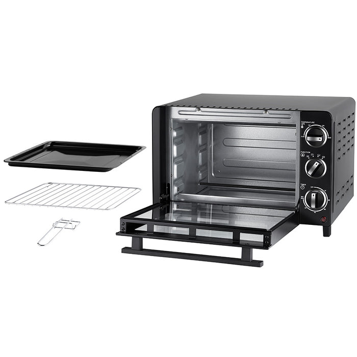 Der Unold Ofen Allround Tisch-Toaster in Schwarz ist mit geöffneter Glastür abgebildet. Im Lieferumfang sind ein Backblech, ein Rost und ein Griff für das Backblech enthalten. An der Seitenwand sind drei Bedienknöpfe sichtbar.