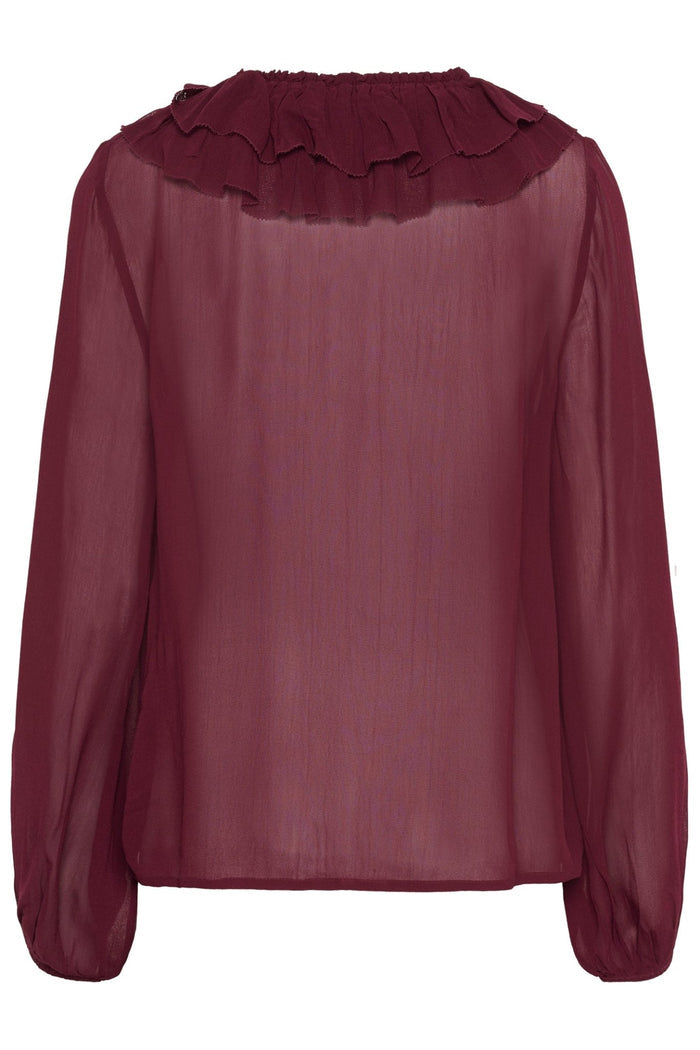 Part Two SanazPW blouse in tawny port with ruffle v-neckline and button front, available at Dotique