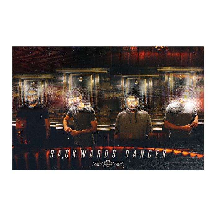 Four people stand in front of mirrored bar decor, their faces blurred by light streaks. "BACKWARDS DANCER" is written at the bottom, making this an eye-catching 11x17 photo print from Backwards Dancer for any collection.