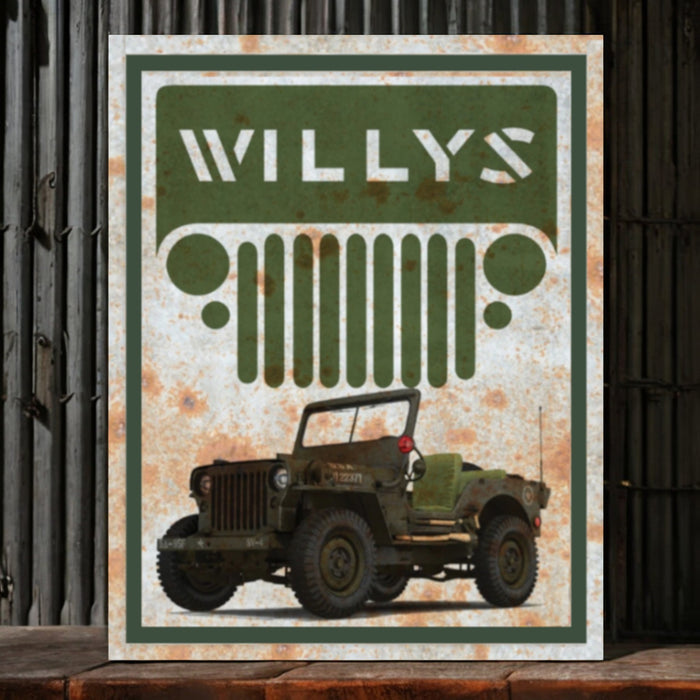 Vintage-style sign with a green jeep and 'Willys' branding on a rustic wooden surface.