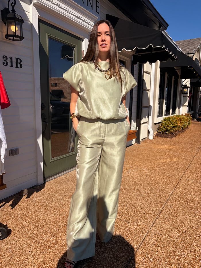 Sage round neck and short drop sleeves top