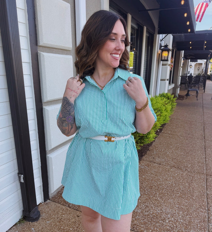 Striped Green Shirt Swing Dress