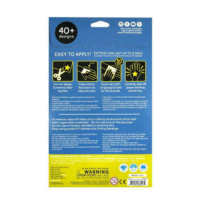 Back of packaging of OOLY Tattoo-Palooza Glow in the Dark Temporary Tattoos - Bright & Funny
