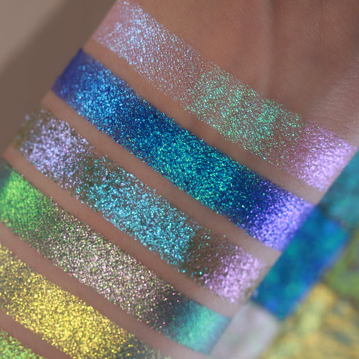 Close up shot of Verre as well as 5 other Holiday Countdown Box shadows on fair skin tone.