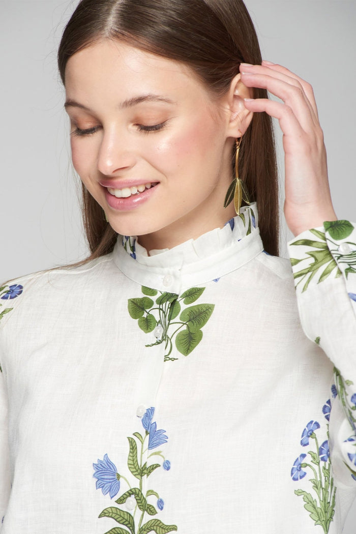 Vilagallo 32388 White Blue Flower Print High Neck Blouse - Dotique - Vilagallo