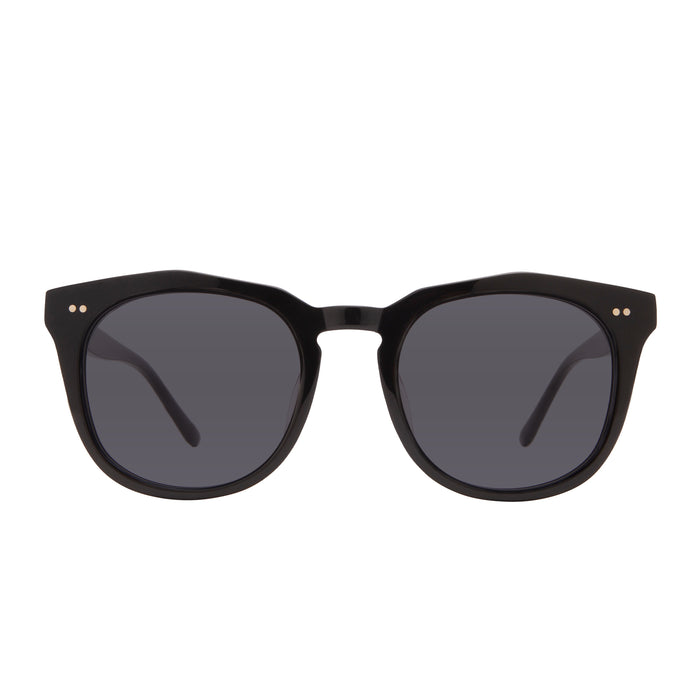 prescription sunglasses - diff eyewear weston round as a sunglasses with a black acetate frame and grey prescription lenses front view