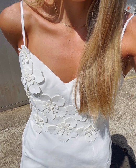 White Sleeveless Dress with Flower and Rhinestone Detail