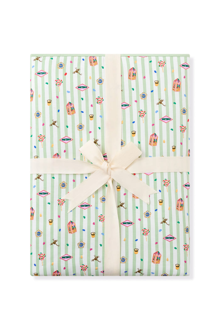 Packed green and white striped youth blanket with colorful Harry Potter pattern print with a ribbon a a white background