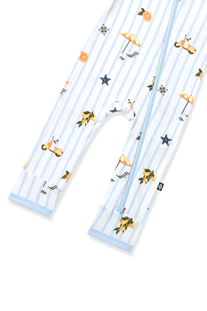 Zipper closure shown on the leg of the Zippered Romper in Amalfi Coast