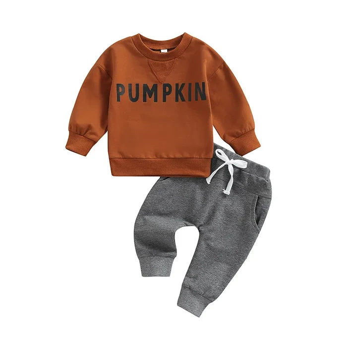 0–24M Baby Boy Girl Fall Outfit – Pumpkin Letter Sweatshirt & Grey Pants 2-Piece Set