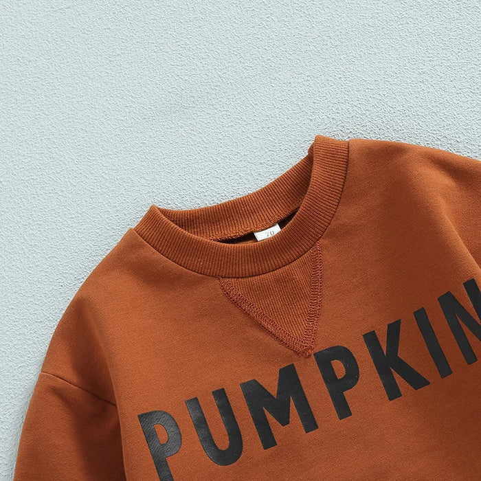 0–24M Baby Boy Girl Fall Outfit – Pumpkin Letter Sweatshirt & Grey Pants 2-Piece Set