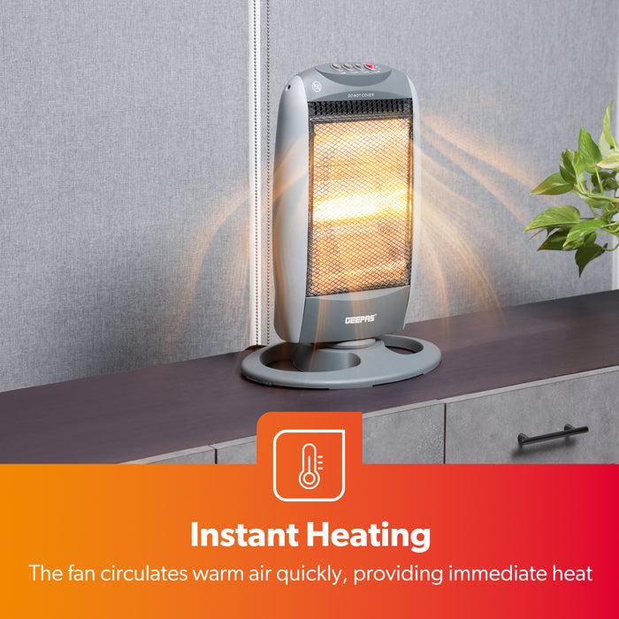 1200W Grey Oscillating Portable 3-Bar Halogen Heater