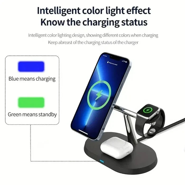 Charging stand with phone, watch, and earbuds.