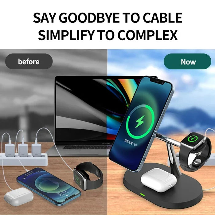 Wireless charging station for multiple devices.