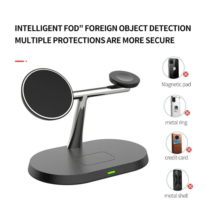 Gray multi-device wireless charging stand.