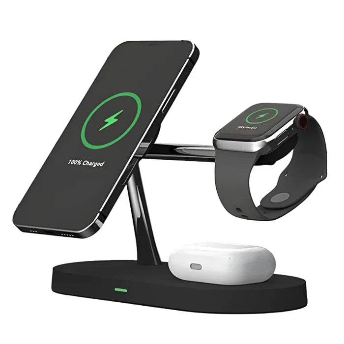 Wireless charging station for phone, watch, and earbuds.