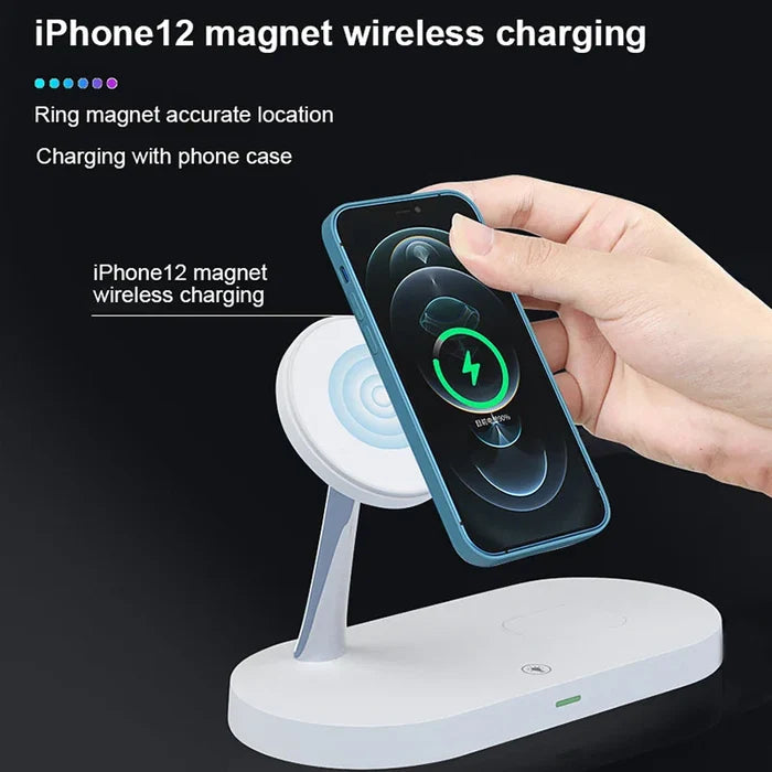 White wireless charging stand with phone.