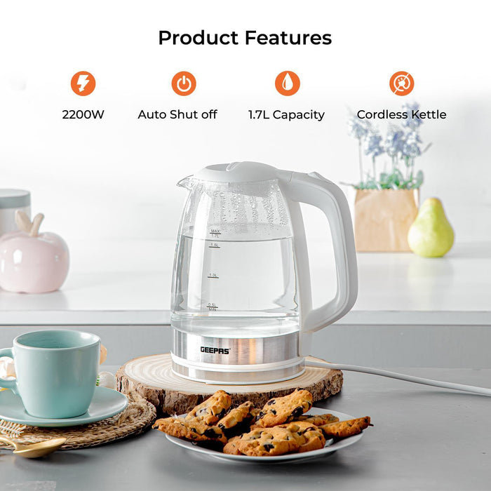 1.8L White Glass Kettle and White Two-Slice Toaster Set