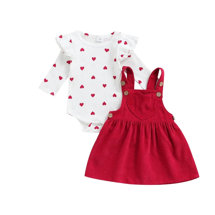2-Piece Baby Girl Outfit – Heart Print Ruffle Romper & Suspender Skirt Set (0–18M)