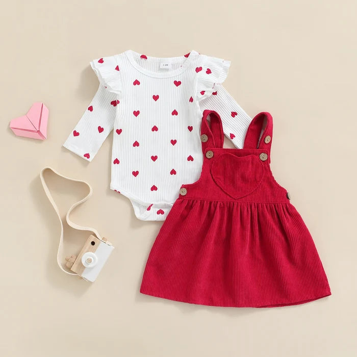 2-Piece Baby Girl Outfit – Heart Print Ruffle Romper & Suspender Skirt Set (0–18M)