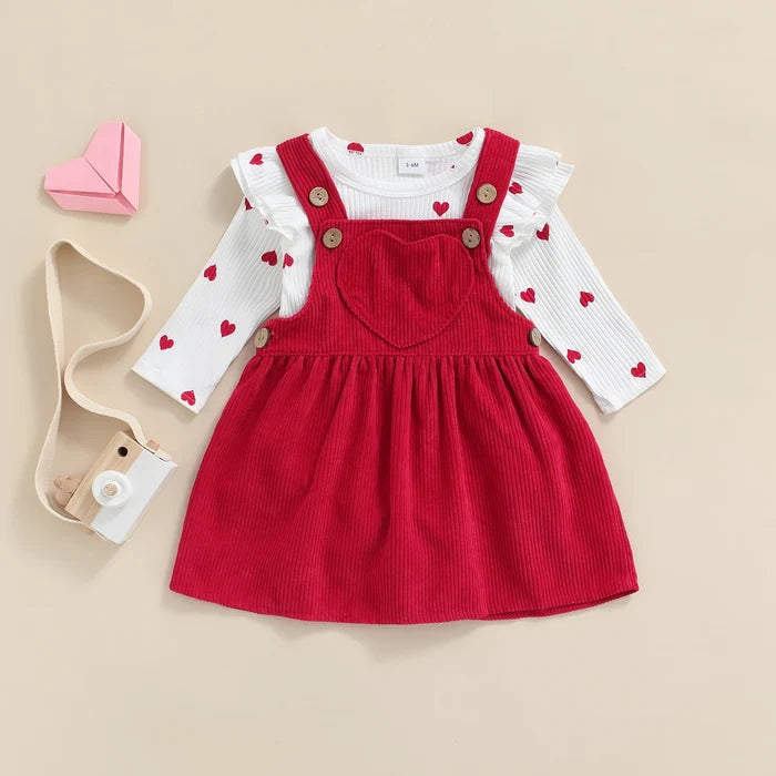 2-Piece Baby Girl Outfit – Heart Print Ruffle Romper & Suspender Skirt Set (0–18M)