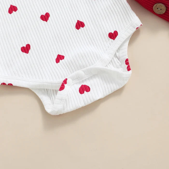 2-Piece Baby Girl Outfit – Heart Print Ruffle Romper & Suspender Skirt Set (0–18M)