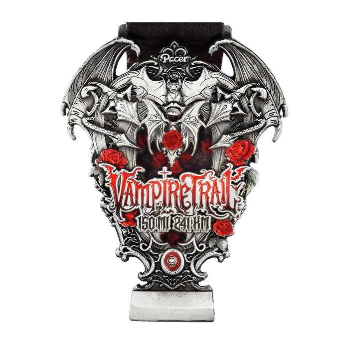 Vampire Trail medal with gothic bat and roses design for 2024 Haunted Adventures Virtual Challenges.