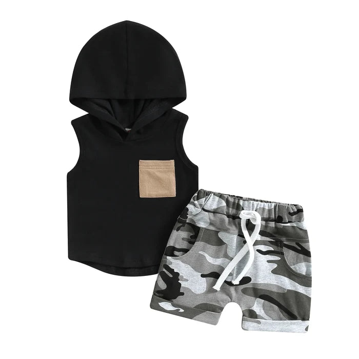 2PCS Baby Boy Summer Set – Camouflage Pocket Hooded Tank & Elastic Waist Shorts (0-3T)