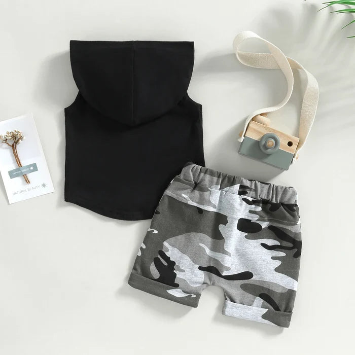 2PCS Baby Boy Summer Set – Camouflage Pocket Hooded Tank & Elastic Waist Shorts (0-3T)