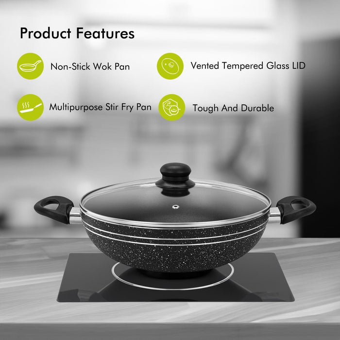 32cm Non-Stick Induction Wok Pan with Glass Lid