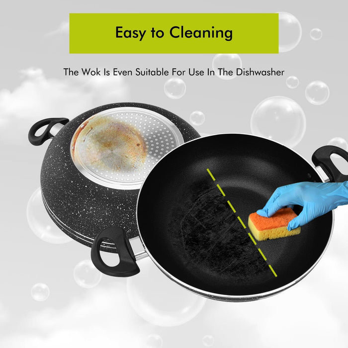 32cm Non-Stick Induction Wok Pan with Glass Lid