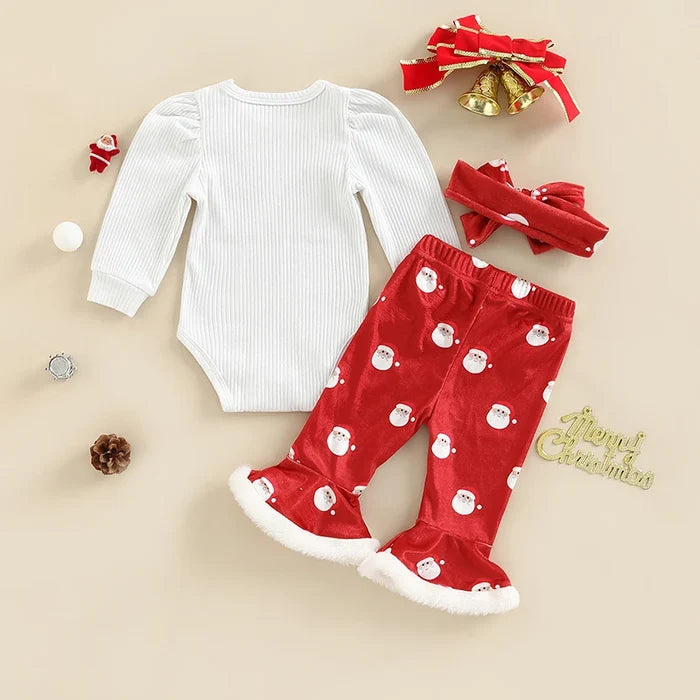 3PCS Baby Girl Christmas Outfit – Santa Claus & Letter Print Long Sleeve Top, Flare Pants & Headband (0-18M)
