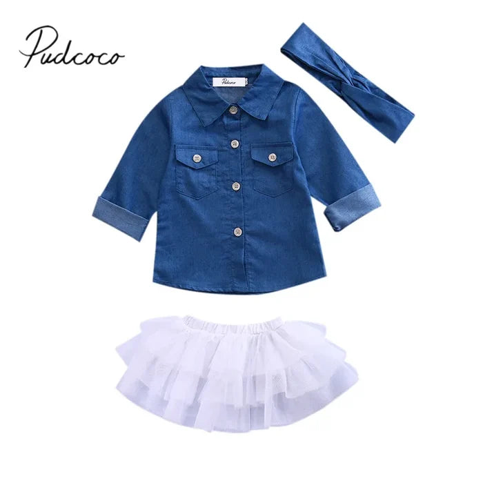 3PCS Baby Girl Summer Outfit Set – Denim Top, Tutu Skirt & Headband for Toddlers (0-5Y)
