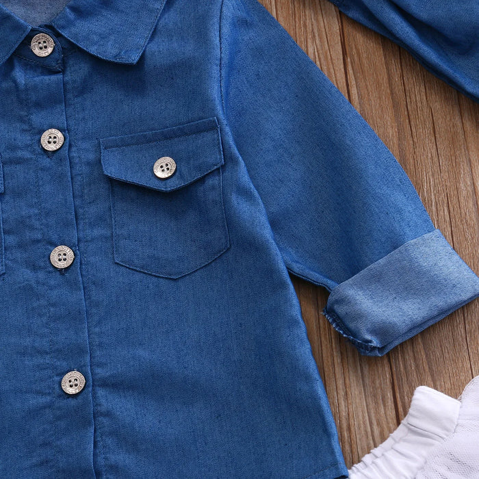 3PCS Baby Girl Summer Outfit Set – Denim Top, Tutu Skirt & Headband for Toddlers (0-5Y)