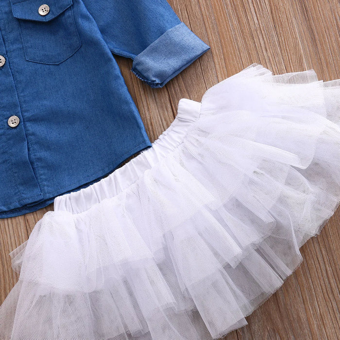 3PCS Baby Girl Summer Outfit Set – Denim Top, Tutu Skirt & Headband for Toddlers (0-5Y)